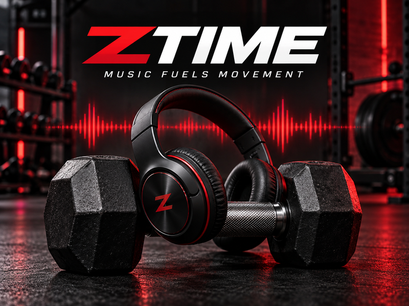 ZTime: Music Fuels Movement. Headphones and a dumbbell in a black and red gym with an audio waveform.